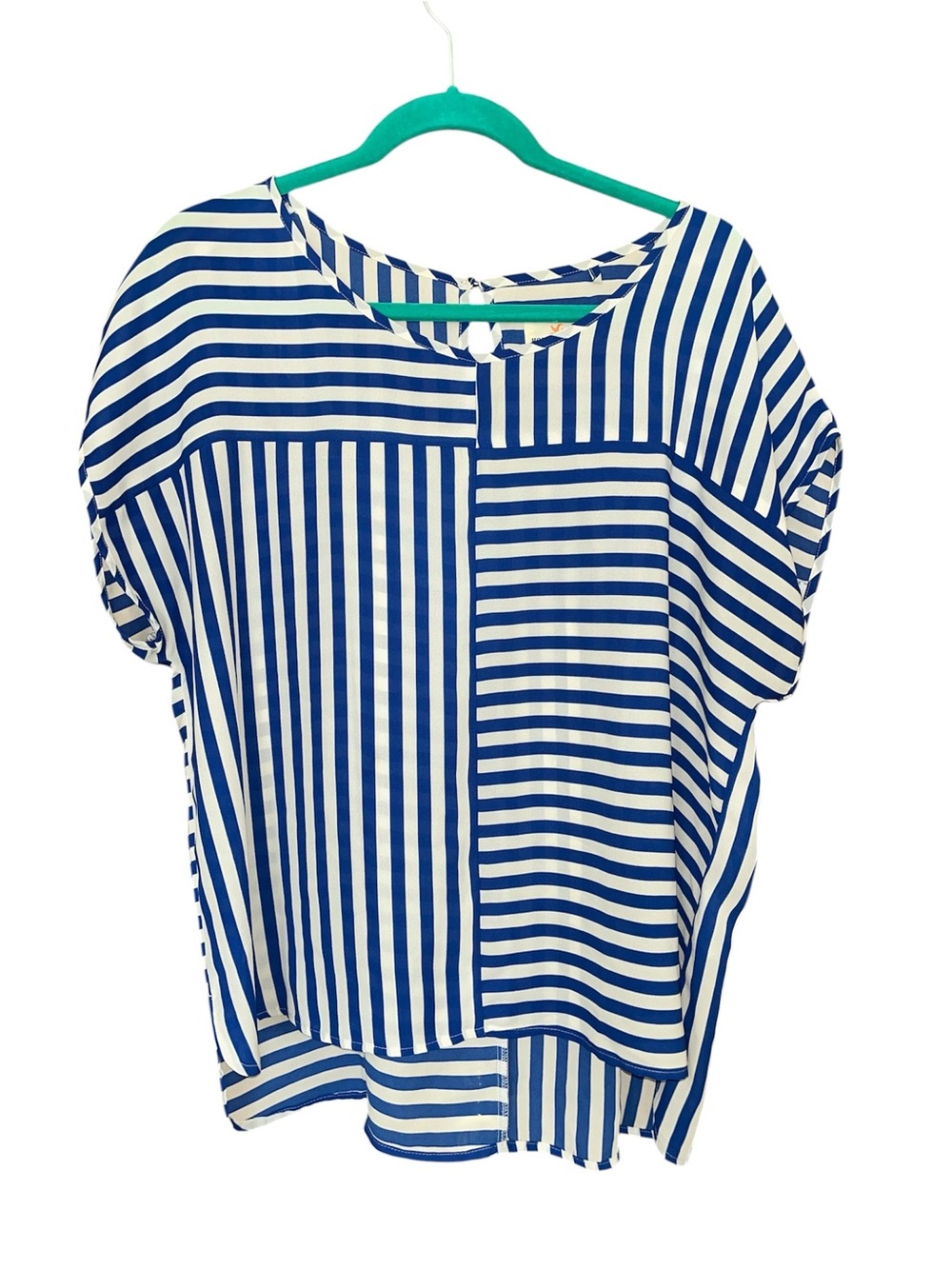 Holly & White Womens Short Sleeve Blue White Sheer Size Large Blouse Shirt Top